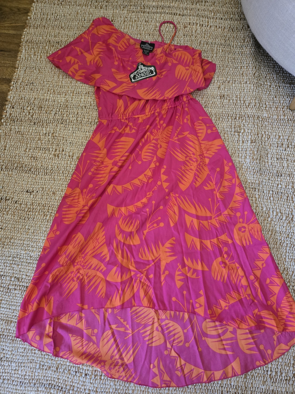Angie Pink and Orange Tropical Off-Shoulder Maxi Dress